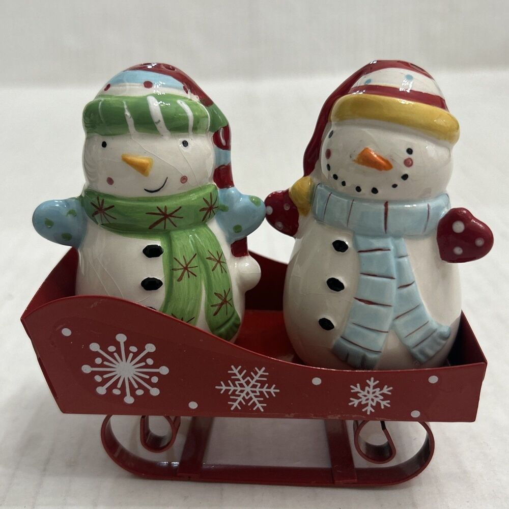 Pier 1 Salt & Pepper Shakers Ceramic Snowmen Metal Sled Sleigh Christmas Winter